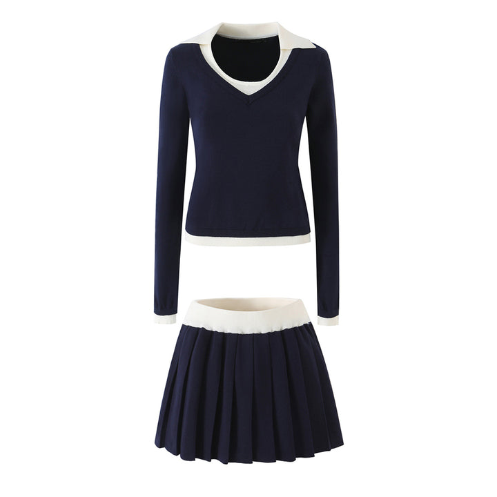 Women’s Two-Piece Fine Knit Set with V-Neck, Contrasting Collar and Pleated Mini Skirt Mune Fashion