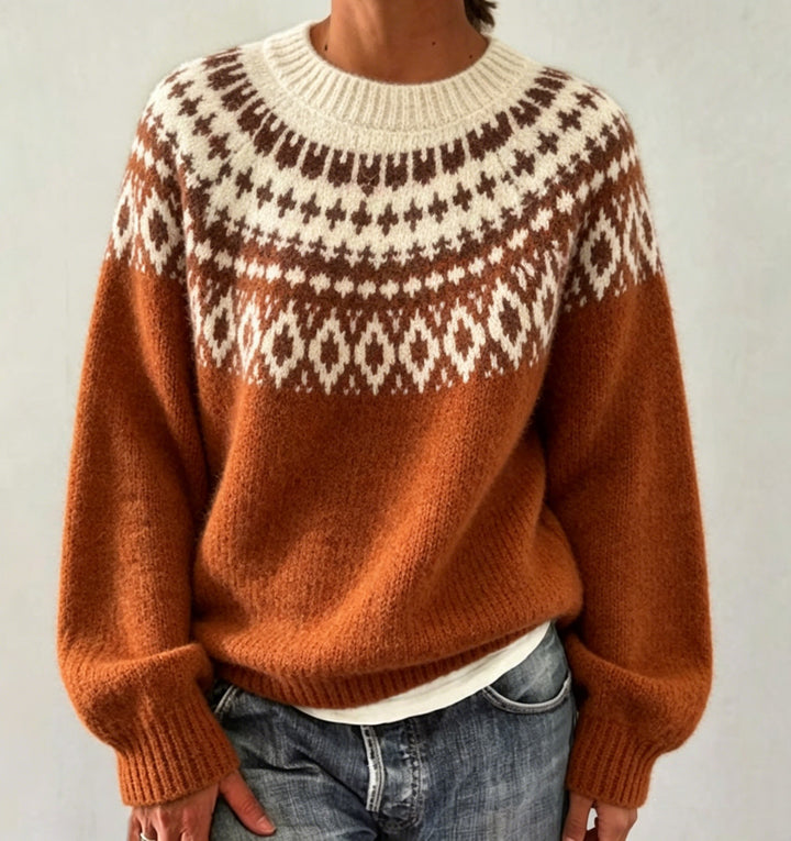 Women Round Neck Norwegian Sweater with Fair Isle Jacquard Mune Fashion