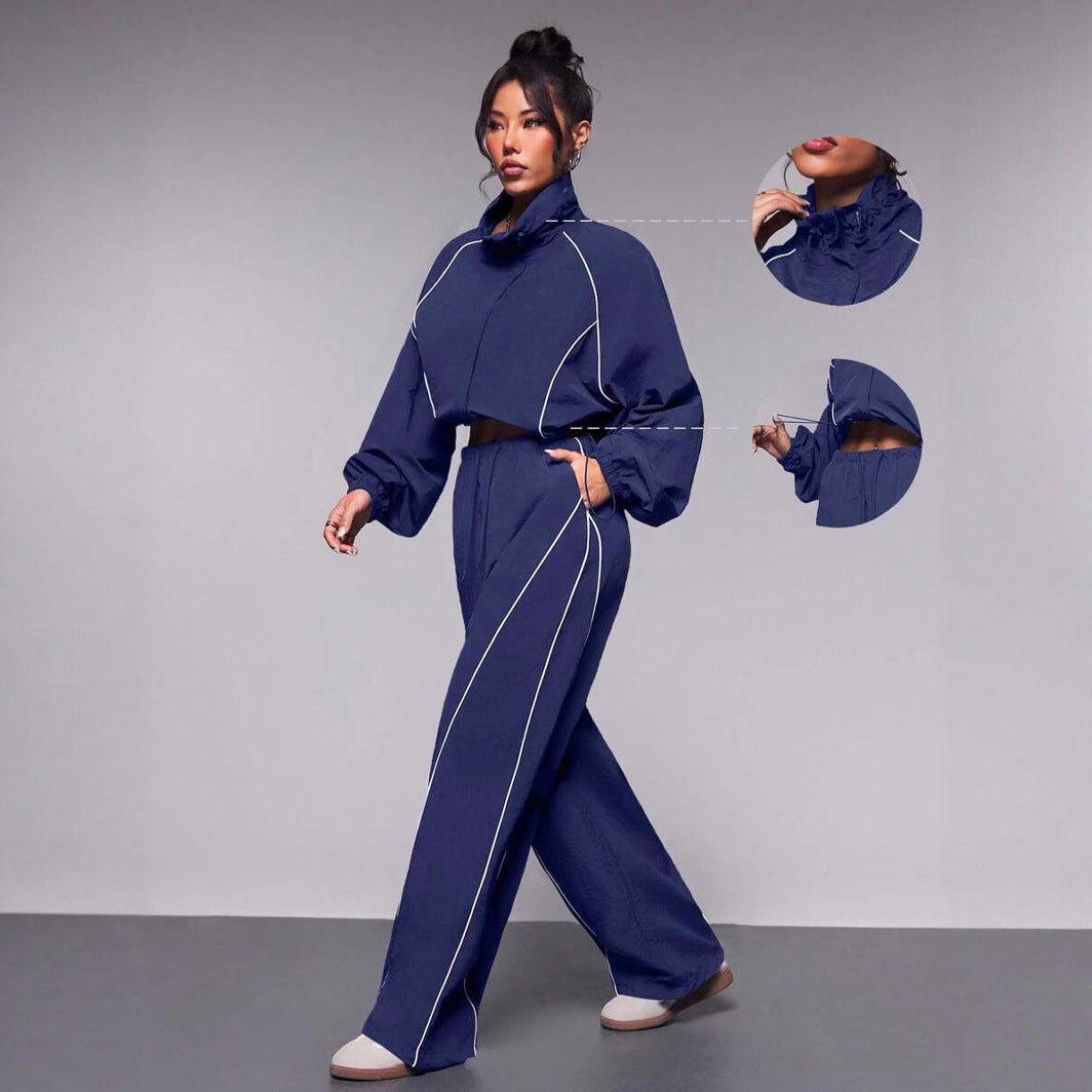 Women's Sportive Cropped Windbreaker Set with Stand-up Collar, Drawstring and Reflective Piping Mune Fashion