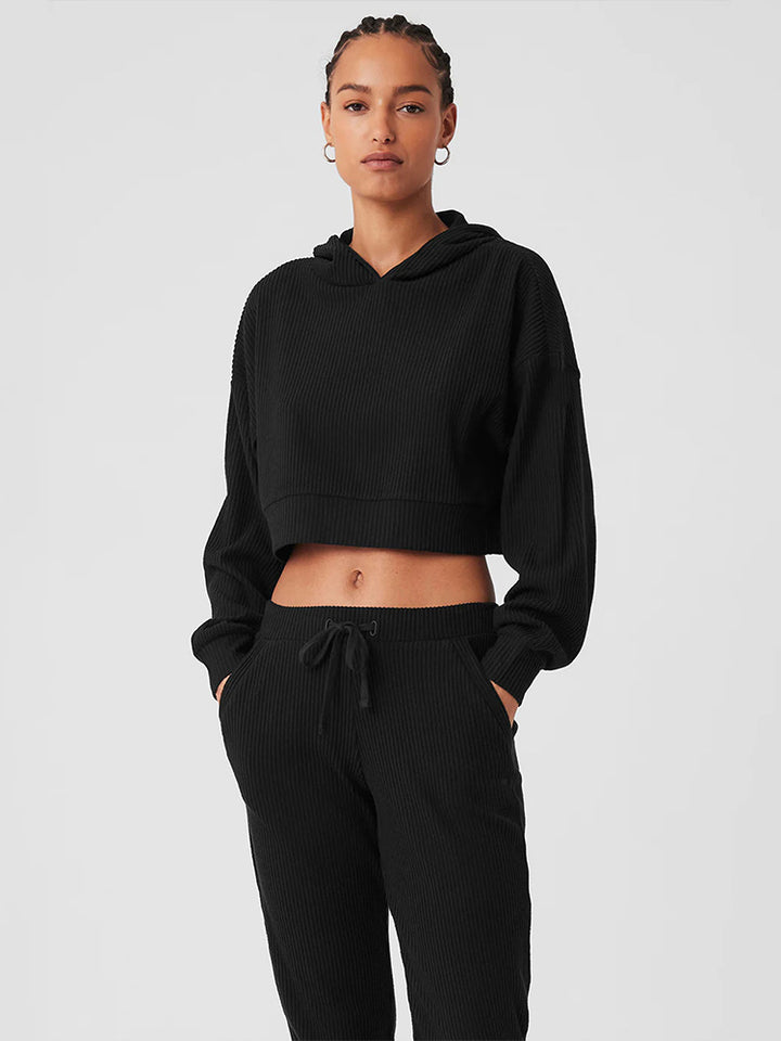 Women Ribbed High-Waist Lounge Pants with Drawstring and Cuffs Mune Fashion