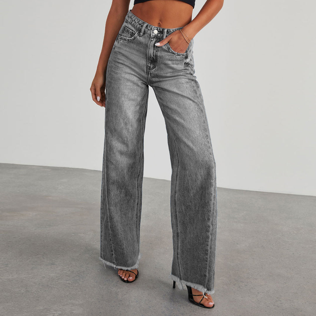 Women's high-waisted wide-leg jeans with raw fringe hem and straight leg Mune Fashion