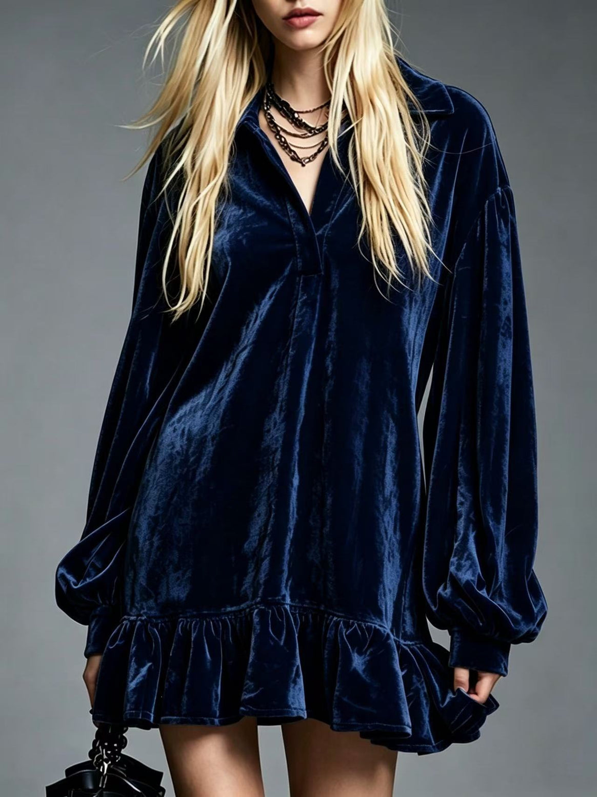 Ladies Velvet Mini Dress with Ruffled Hem, Balloon Sleeves and Shirt Collar Mune Fashion