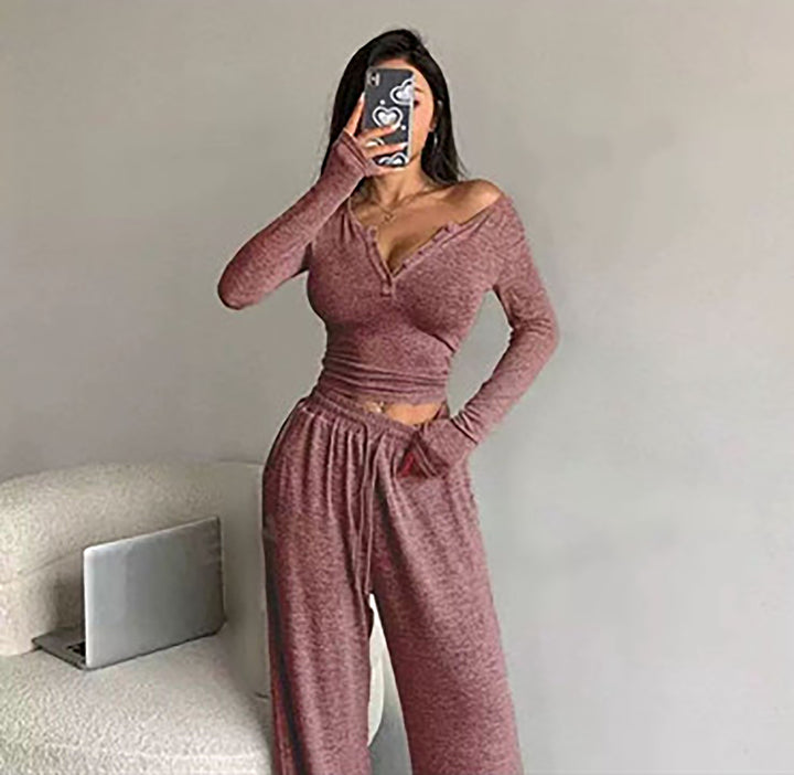 Women Casual Ribbed Knit Lounge Set with Off-Shoulder Henley Top and Wide Jog Pants Mune Fashion