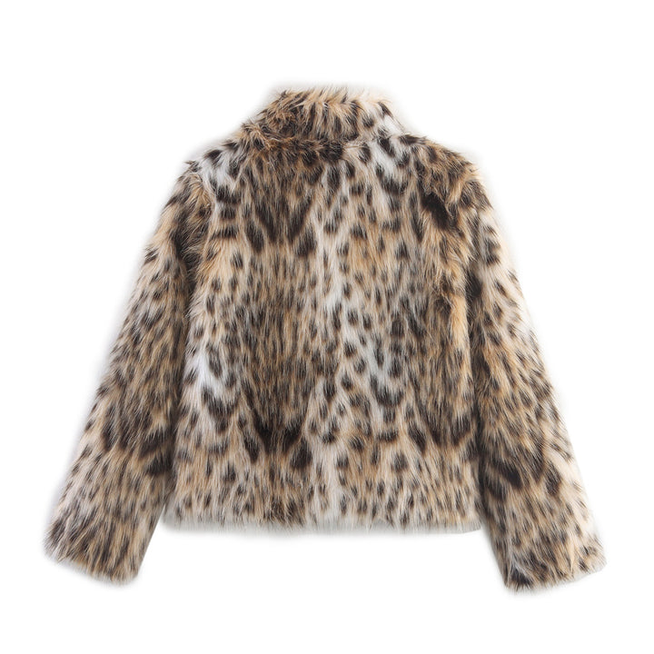 Women's short jacket made of faux fur in leopard print with boxy cut and stand-up collar Mune Fashion