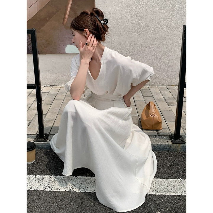 Women Linen Blend Midi Dress with V-Neck, fitted waist and wide sleeves Mune Fashion