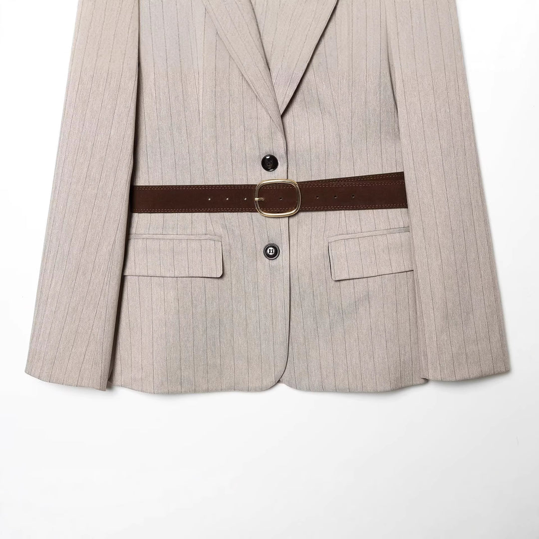 Women's Tailored Pinstripe Blazer with Contrast Belt and Notched Collar Mune Fashion