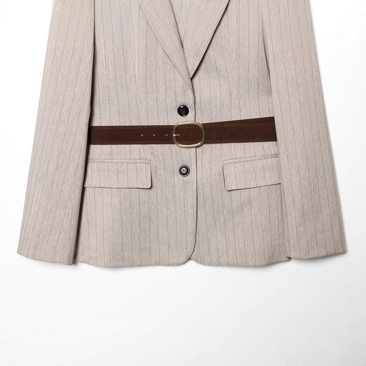 Women's Tailored Pinstripe Blazer with Contrast Belt and Notched Collar Mune Fashion