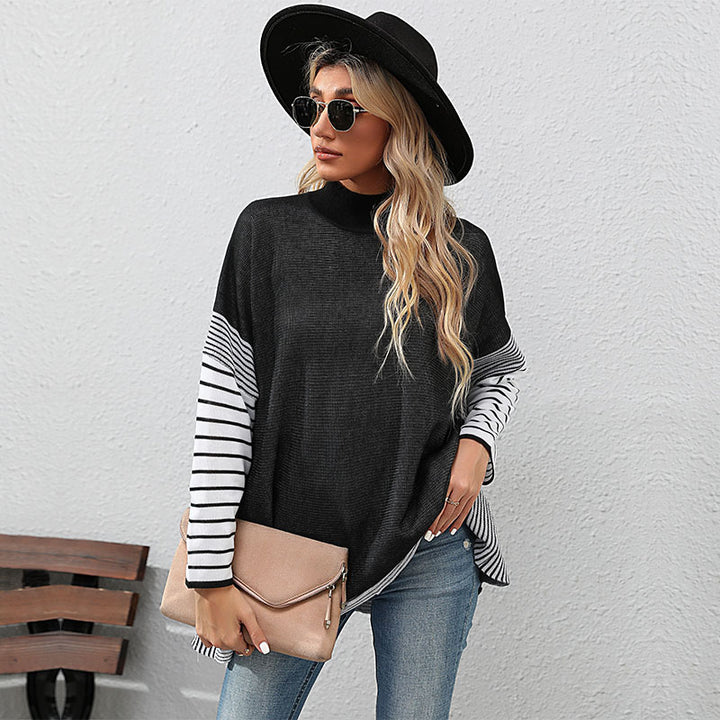 Women’s Oversized Knit Sweater with Stand-Up Collar and Striped Raglan Sleeves Mune Fashion
