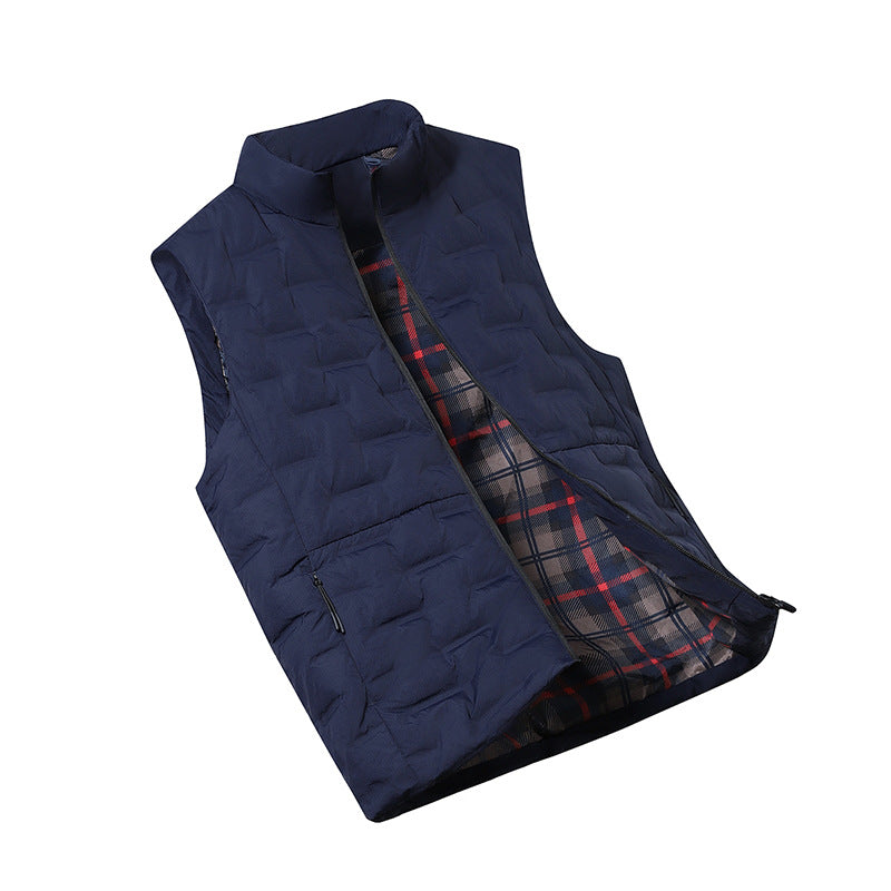 Men's Quilted Padded Vest with Checked Lining and Stand-Up Collar Mune Fashion