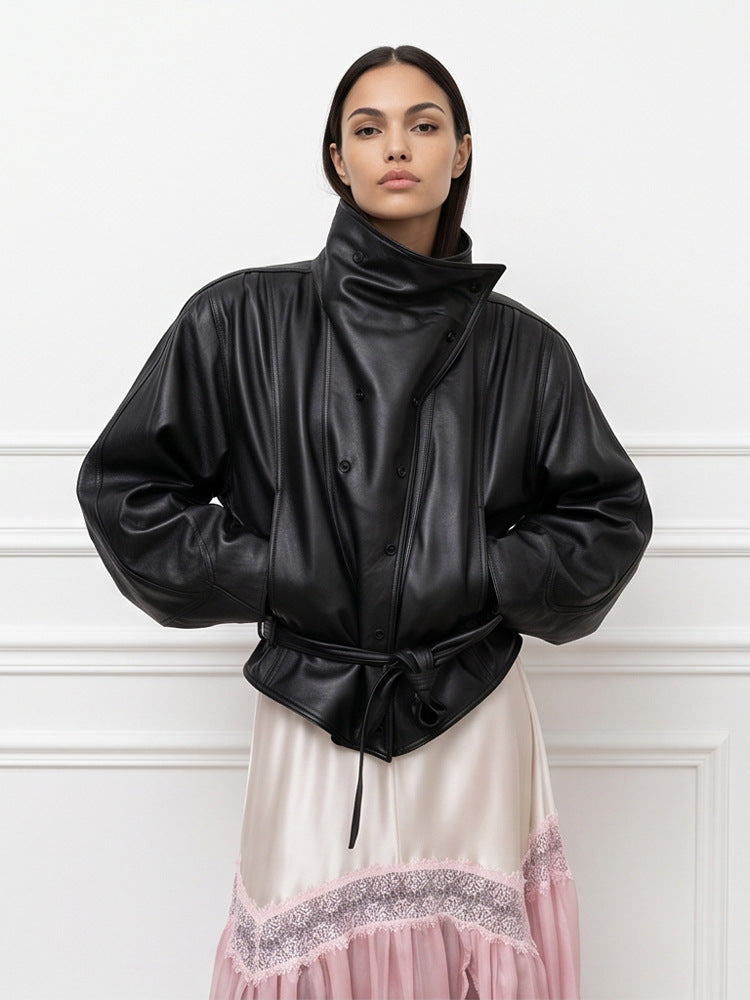 Ladies Oversize Faux Leather Bomber Jacket with High Standing Collar and Waist Belt Mune Fashion