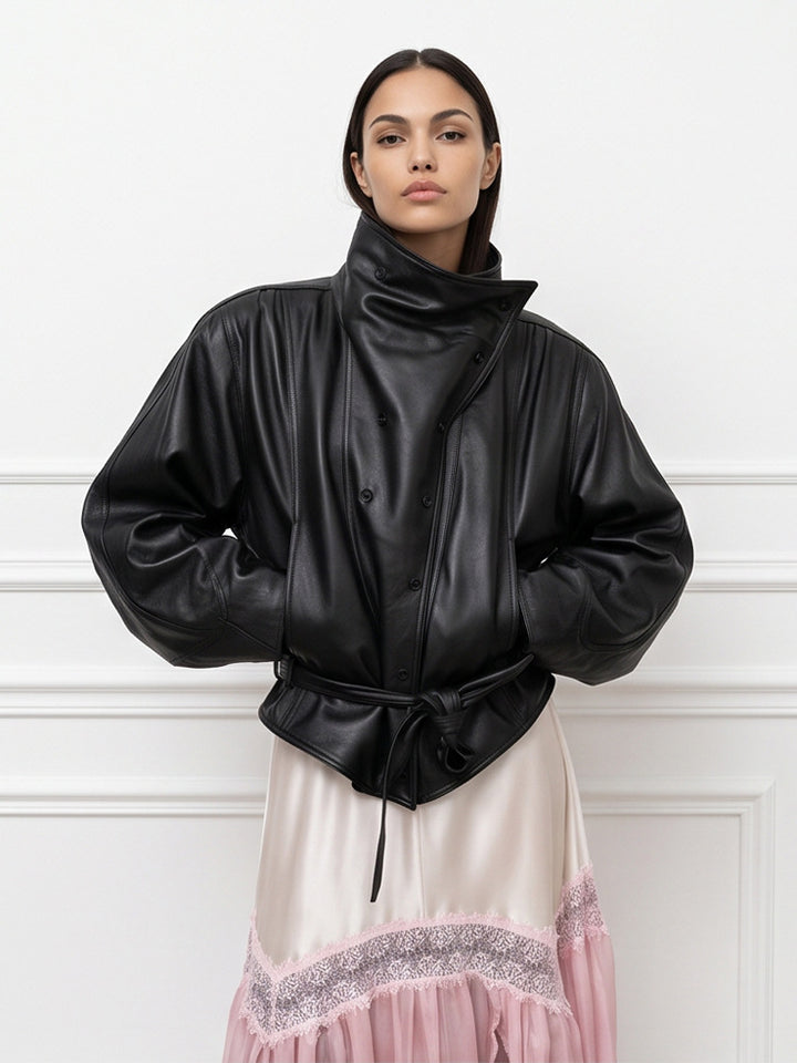 Ladies Oversize Faux Leather Bomber Jacket with High Standing Collar and Waist Belt Mune Fashion