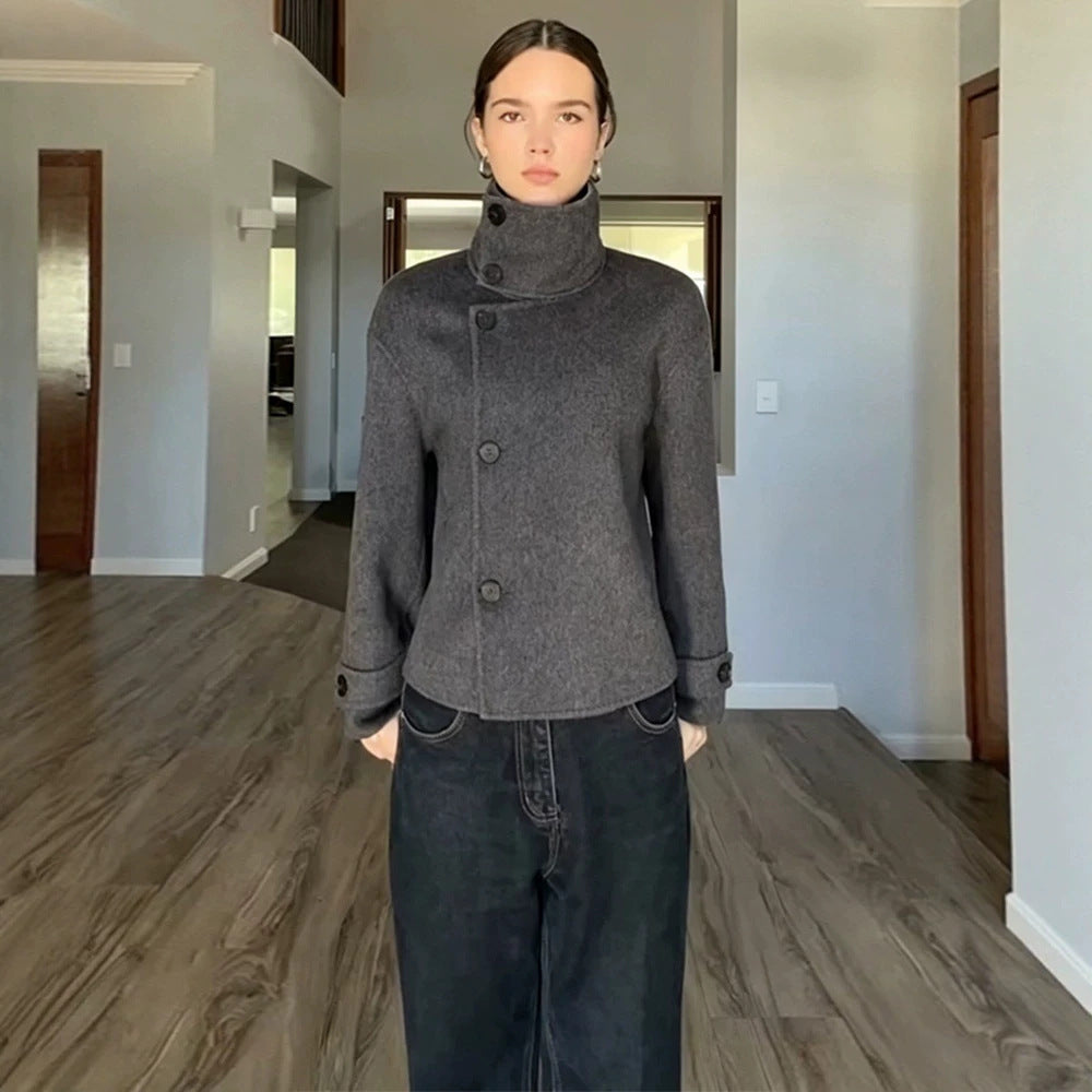 Women's Short Wool Blend Coat with Asymmetrical Button Placket and High Standing Collar Mune Fashion