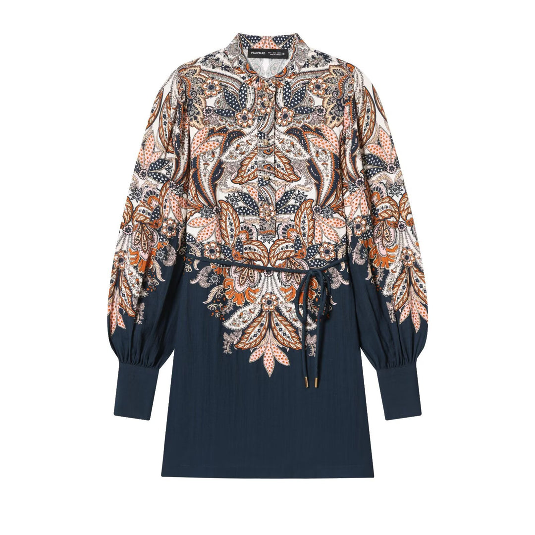 Women Boho Tunic Midi Dress with Paisley Print, Balloon Sleeves and Drawstring Mune Fashion
