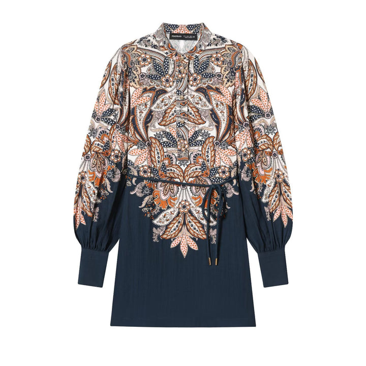Women Boho Tunic Midi Dress with Paisley Print, Balloon Sleeves and Drawstring Mune Fashion