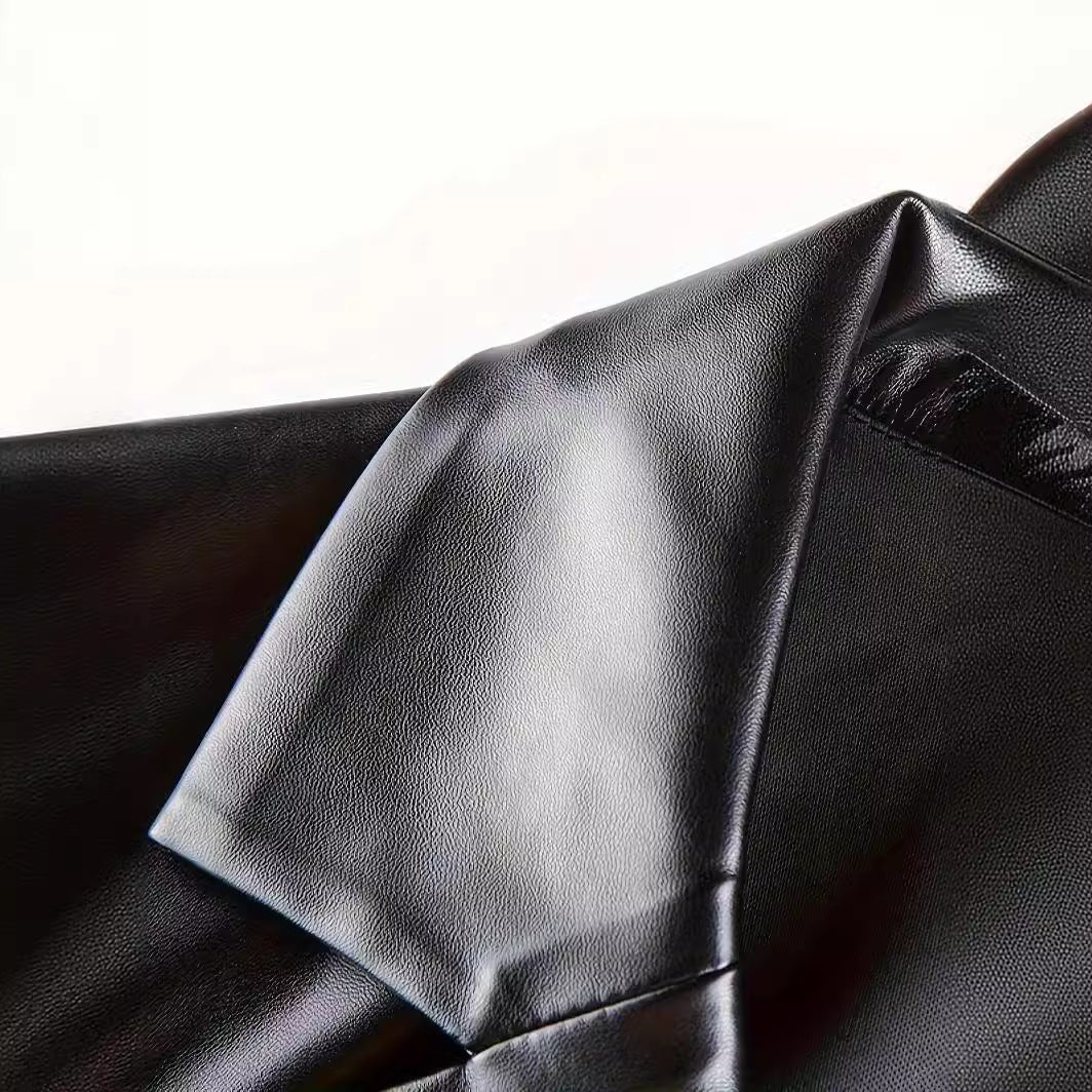 Women's Oversized Leather Look Blazer with Emphasized Shoulder Section and Glossy Finish Mune Fashion