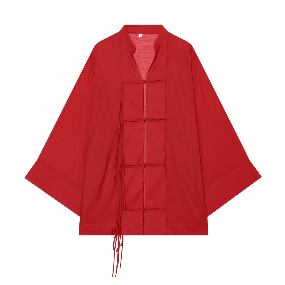 Women's Kimono-Cape Jacket with Chinese Button Closure and Long Tassels Mune Fashion