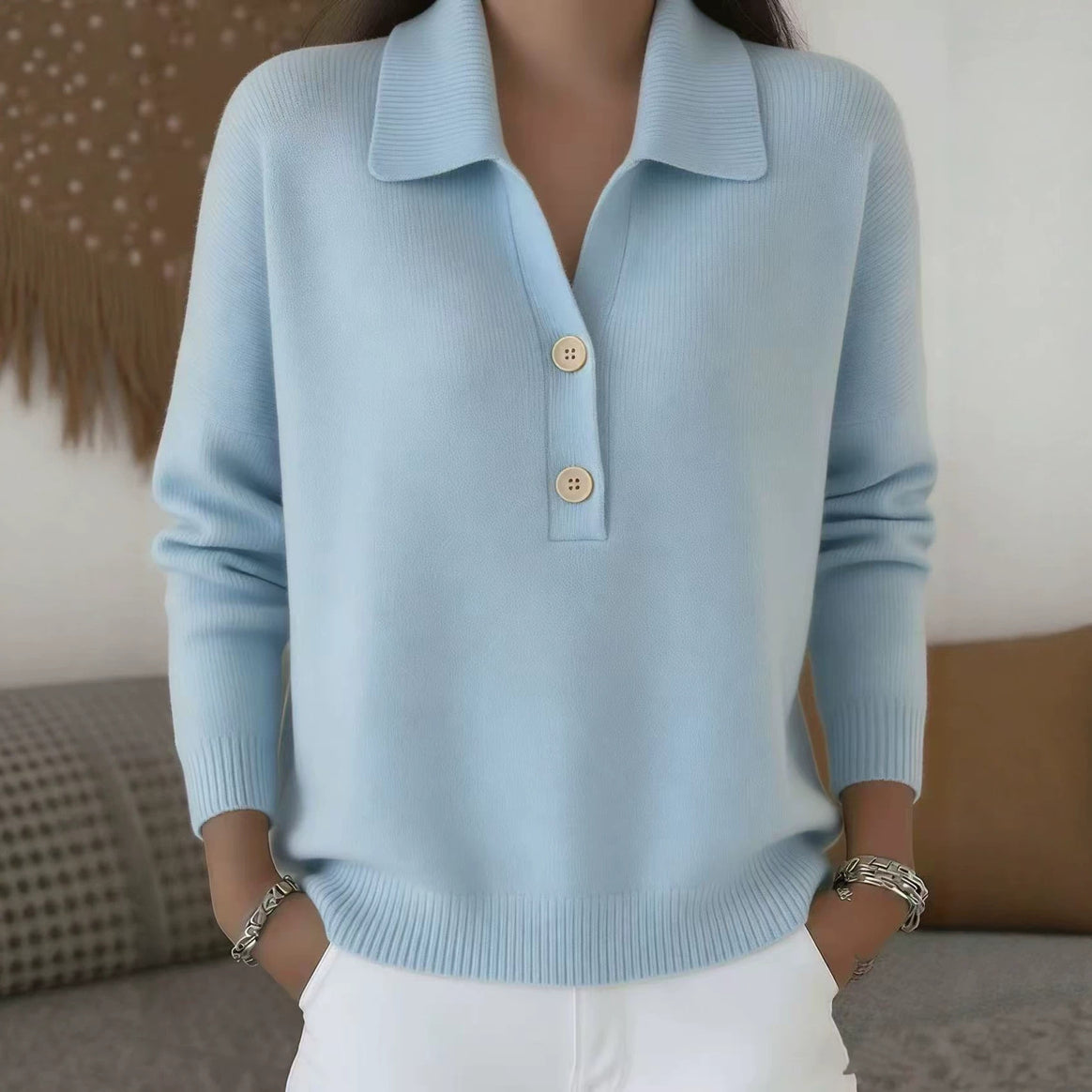 Women's casual fine knit polo collar sweater with two-button placket Mune Fashion