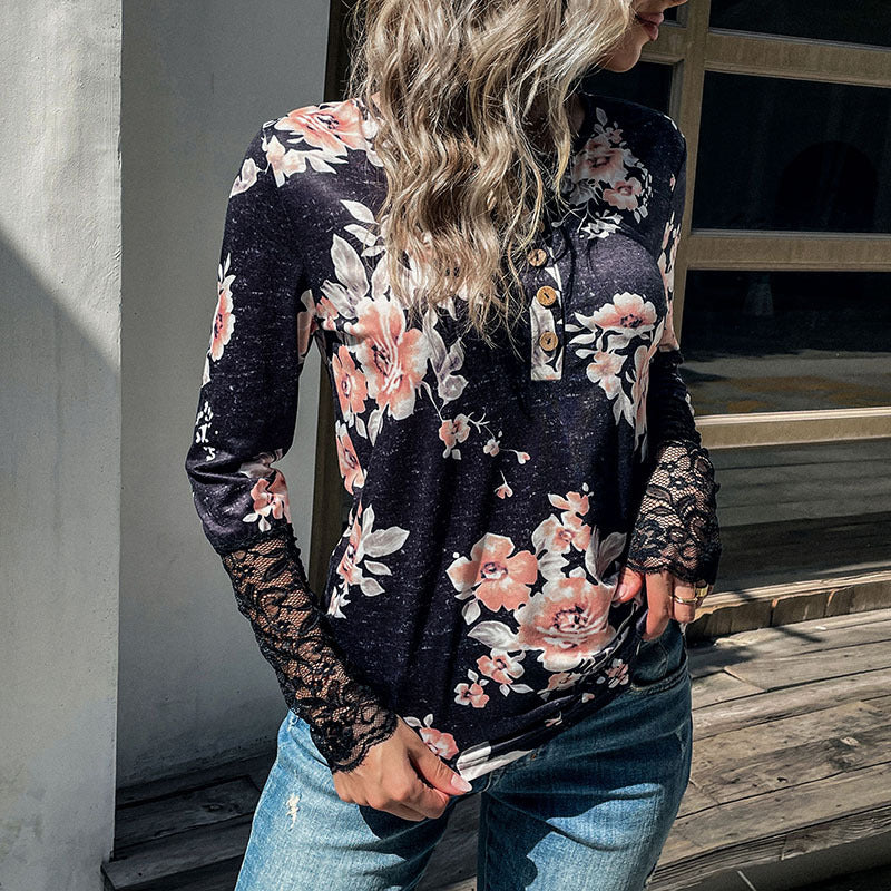 Women's Henley top with rose print, lace cuffs and decorative button placket Mune Fashion