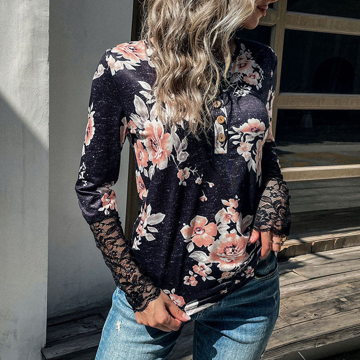Women's Henley top with rose print, lace cuffs and decorative button placket Mune Fashion
