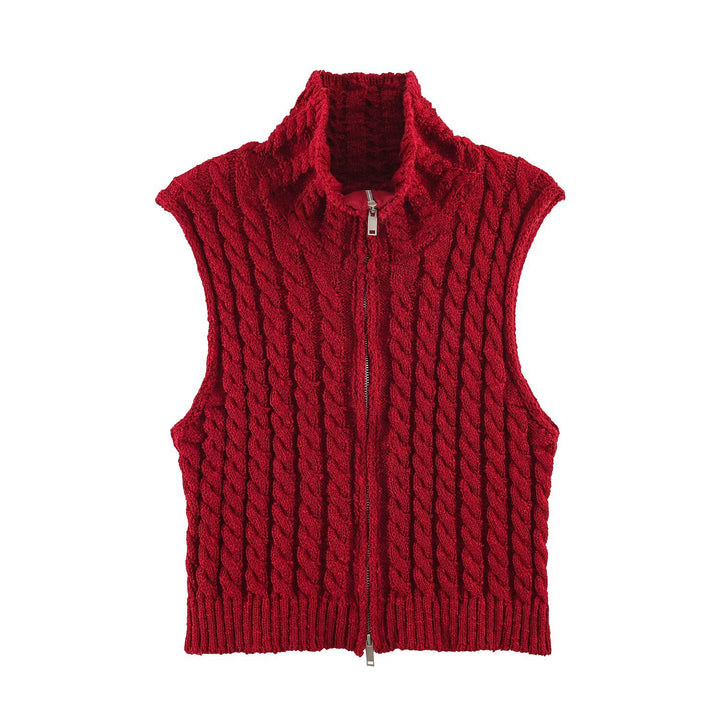 Women Sleeveless Cable Knit Vest with Stand-Up Collar and Full Zipper Mune Fashion