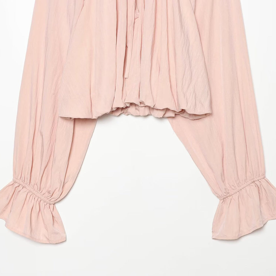 Women's Carmen Cropped Blouse with Drawstring Collar, Ruffled Hem and Balloon Sleeves Mune Fashion