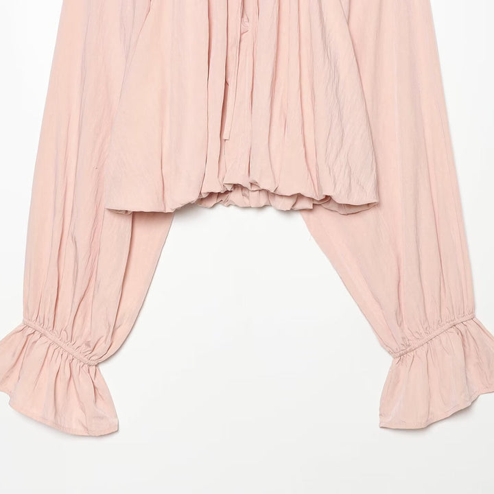 Women's Carmen Cropped Blouse with Drawstring Collar, Ruffled Hem and Balloon Sleeves Mune Fashion