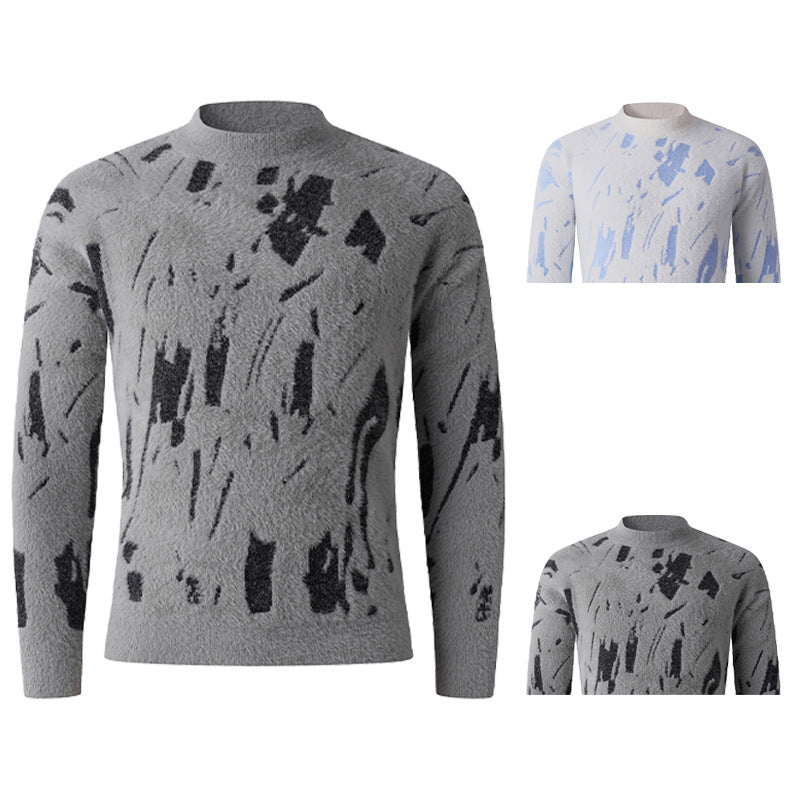 Men's Structured Mock Neck Sweater with Abstract Brush Pattern Mune Fashion