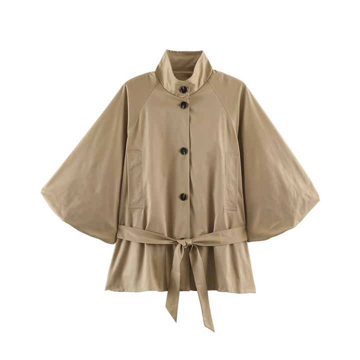 Women Short Cape Trench with Wide Batwing Sleeve, Stand Collar and Waist Belt Mune Fashion