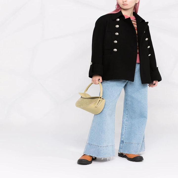 Women's Short Boxy Wool Blend Coat in Military Look with Decorative Round Buttons Mune Fashion