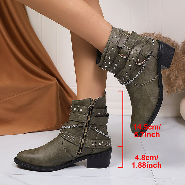 Women’s Studded Ankle Boots with Chain and Buckle Details Mune Fashion