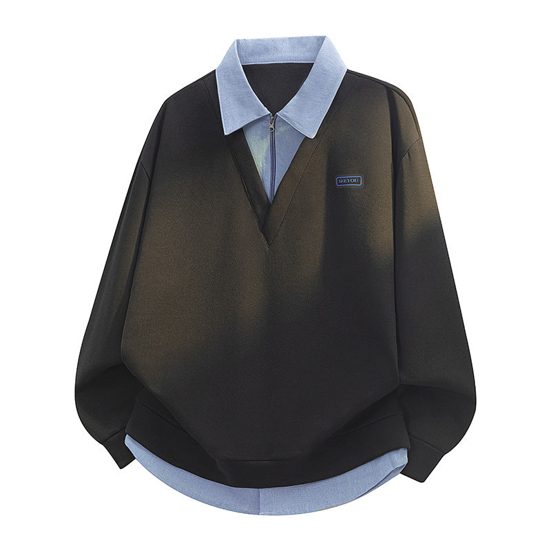 Unisex Layered Look Sweatshirt with Shirt Collar and V-Neck Mune Fashion