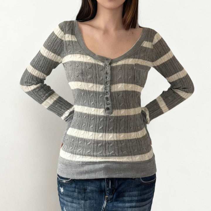 Women's striped fine-knit pullover with cable pattern and button placket Mune Fashion