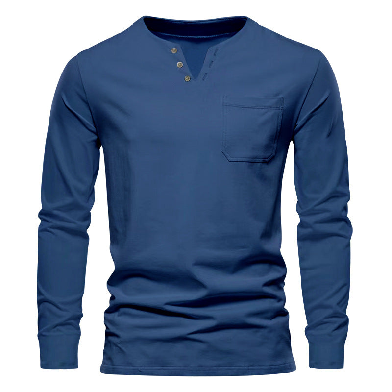 Men's modern Henley long sleeve shirt with asymmetric button placket and chest pocket Mune Fashion