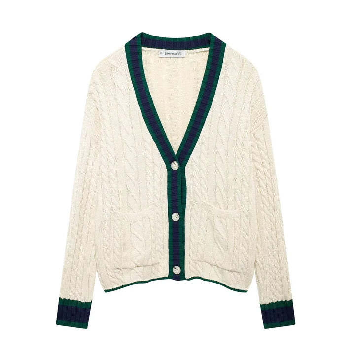 Women's cable knit cardigan with V-neck, patch pockets and contrast edges Mune Fashion
