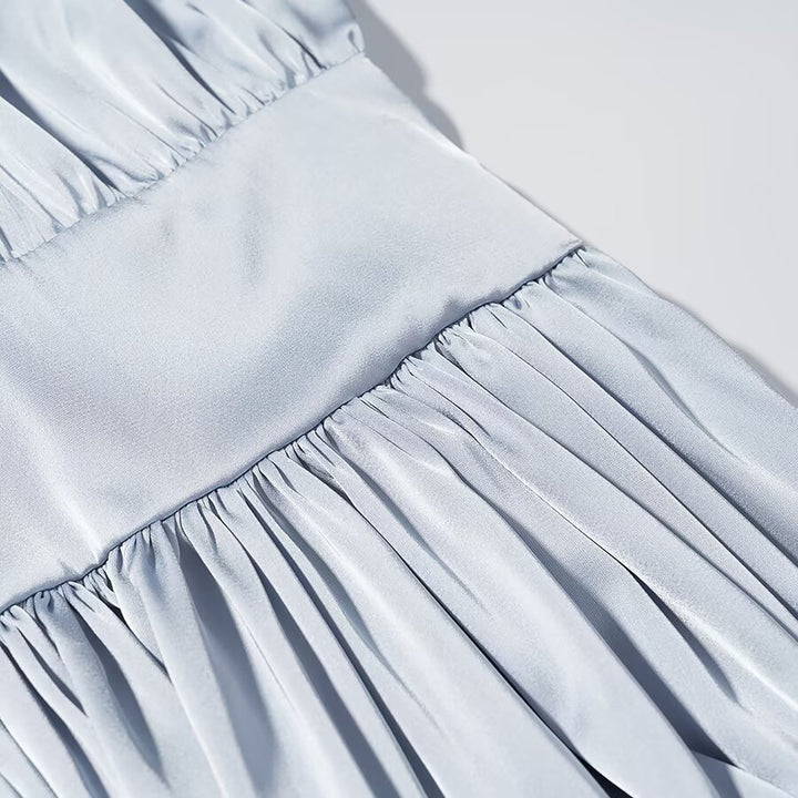 Women's Midaxi Dress in Satin Look with Gathered Waistband and Voluminous Balloon Sleeves Mune Fashion
