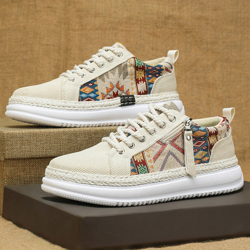 Women's espadrille-inspired platform sneakers with woven ethnic inserts, side zipper, and cushioned lightweight sole Mune Fashion
