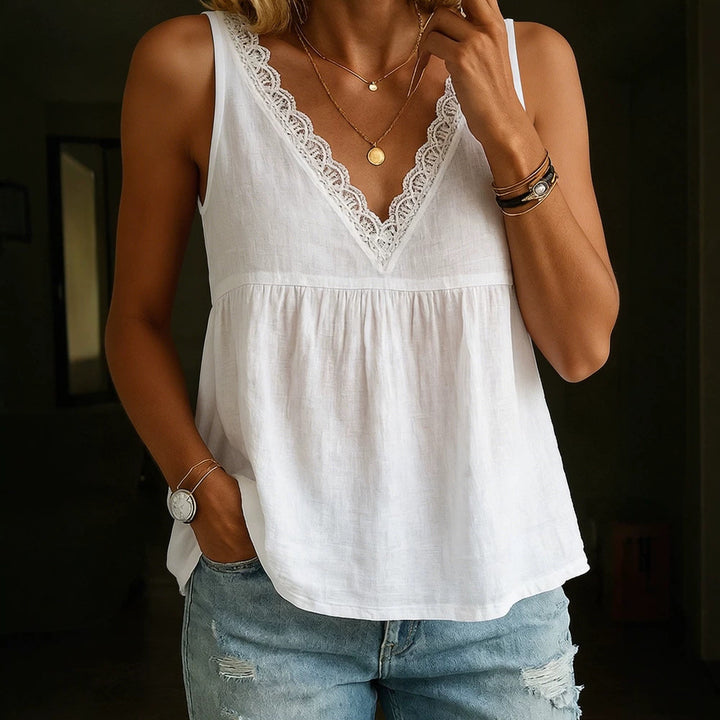 Women's airy V-neck blouse shirt with lace accents Mune Fashion