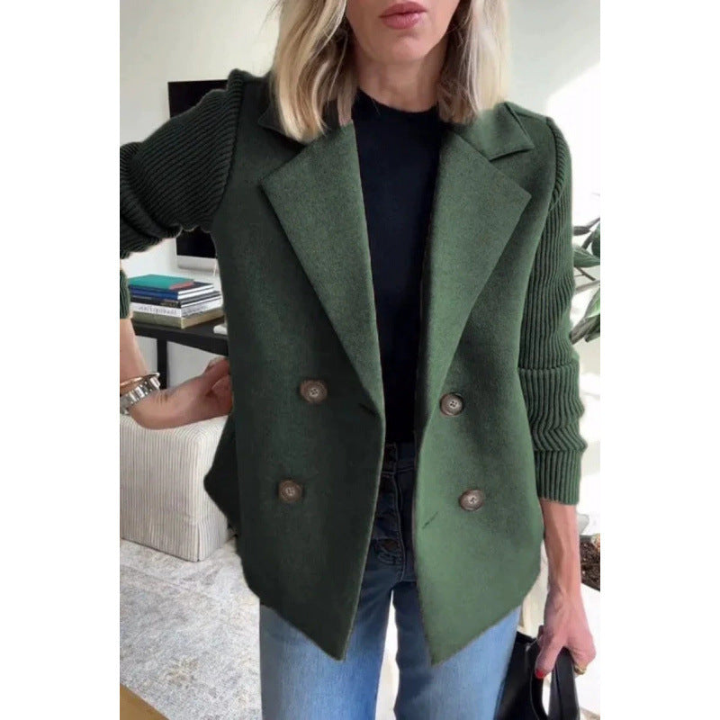 Women's Double-breasted Blazer Vest with Wide Lapels and Ribbed Knit Sleeves Mune Fashion