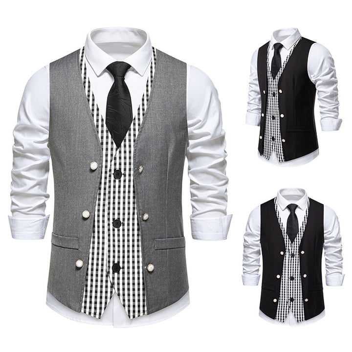 Men's two-piece layered vest with contrasting checkered inner leg and decorative mother-of-pearl buttons Mune Fashion