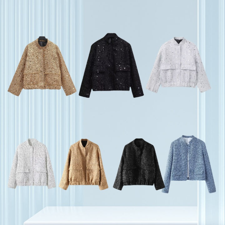 Women's embellished bouclé bomber jacket with sequins and rhinestones Mune Fashion