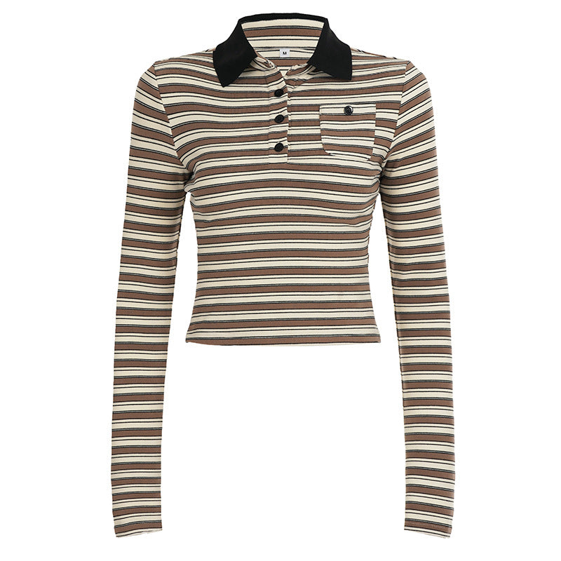 Women's striped polo crop long sleeve with contrast collar and breast pocket Mune Fashion