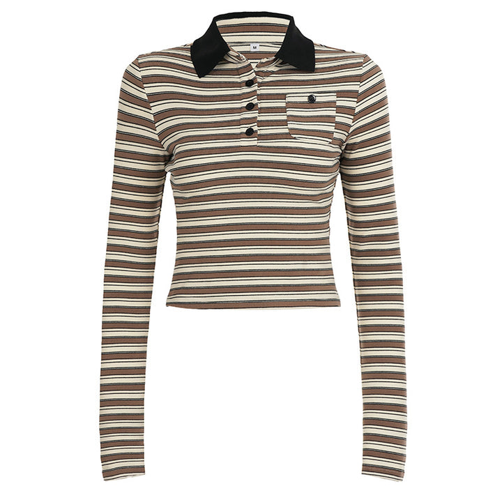 Women's striped polo crop long sleeve with contrast collar and breast pocket Mune Fashion