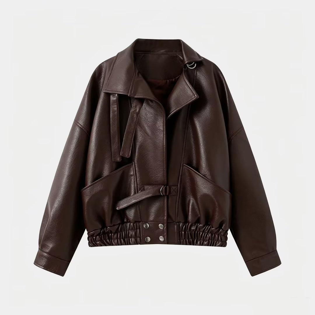 Women's Oversize Faux Leather Bomber Jacket with Elastic Hem and Waist Belt Mune Fashion