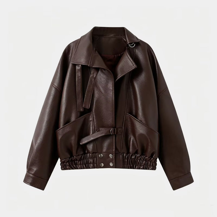 Women's Oversize Faux Leather Bomber Jacket with Elastic Hem and Waist Belt Mune Fashion