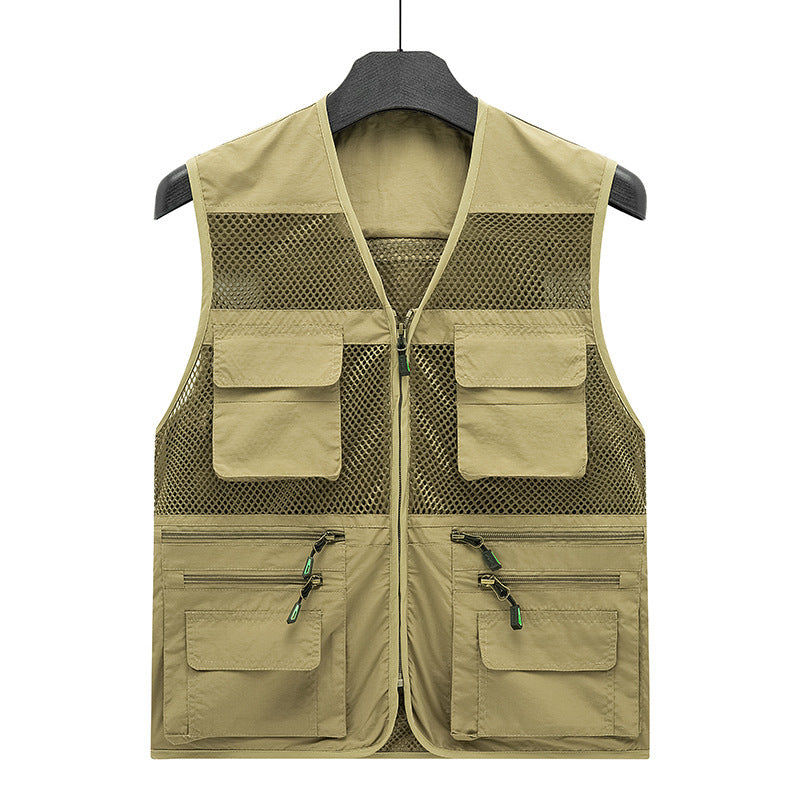Men's breathable mesh outdoor vest with multifunctional pockets and front zipper Mune Fashion
