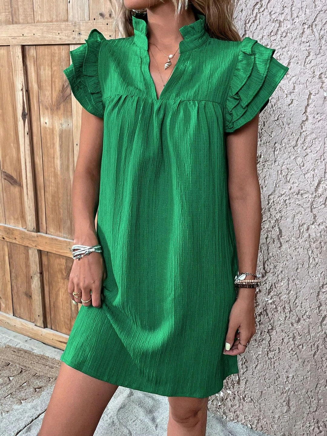 Women Crinkle Mini Dress with Standing Collar, V-Neck and Ruffled Sleeves Mune Fashion