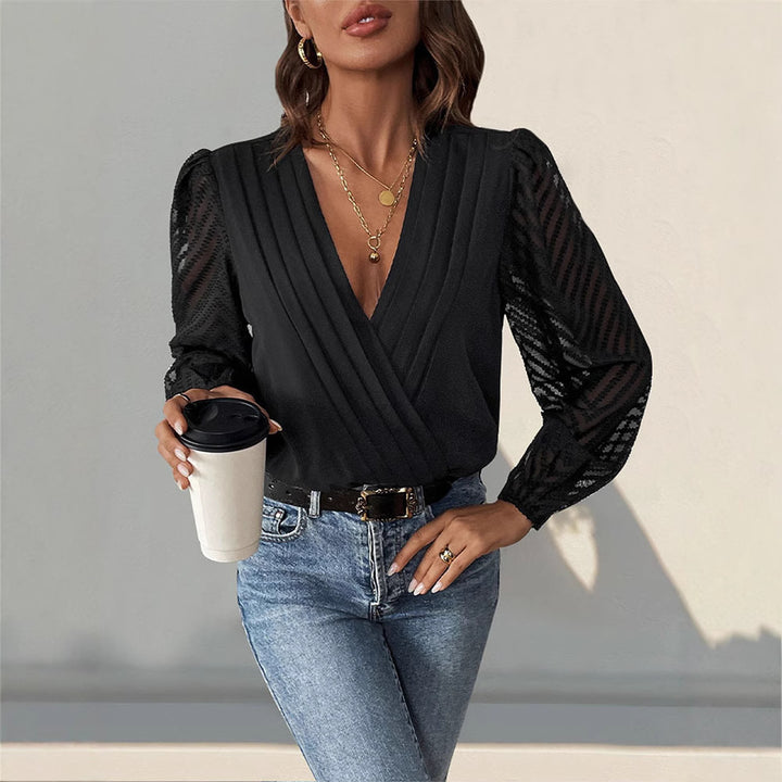 Women's Elegant Wrap Blouse with Pleated V-Neck and Transparent Chevron Sleeves Mune Fashion