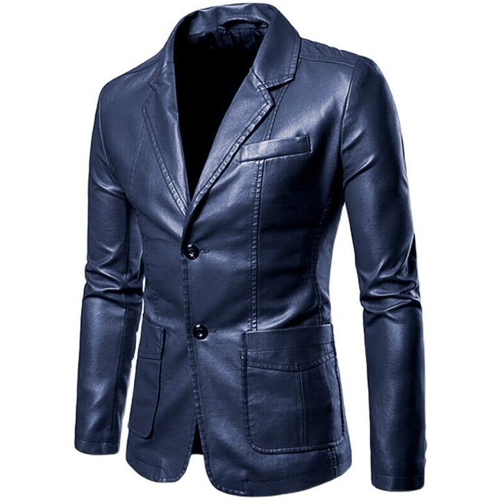 Men's Figure-Hugging Leather-Look Blazer with Shirt Collar and Two-Button Front Mune Fashion