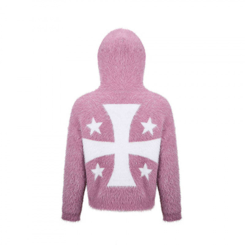 Unisex Fluffy Hoodie with Unicorn Motif and Continuous Zipper Mune Fashion