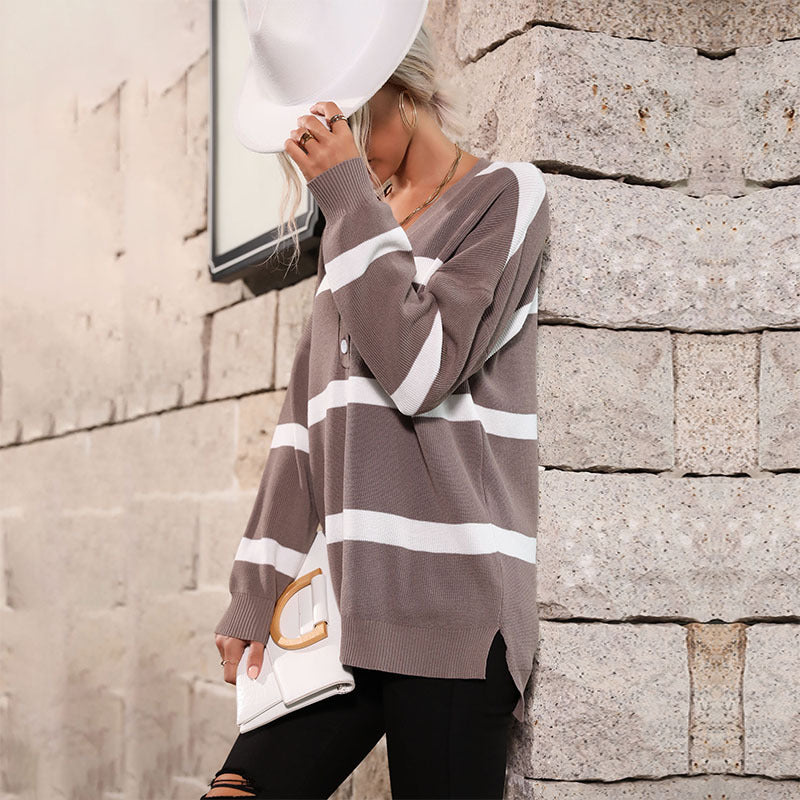 Women's Oversized V-Neck Knit Sweater with Button Placket and Block Stripes Mune Fashion